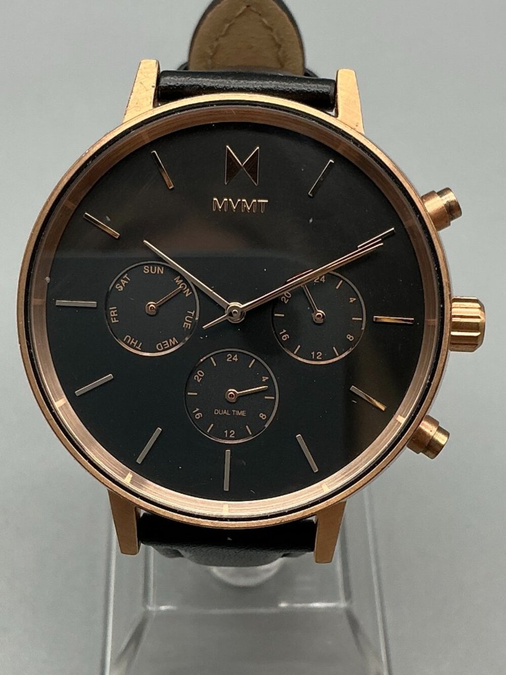 MVMT Nova Vela Womens Watch 38mm Black Dial Day Date Rose Gold New Battery